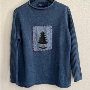 CRAZY HORSE Rolled Neckline Christmas Tree Applique Pullover Sweater Blue Size M
